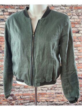 Olivia Moon Full Zip Green Linen Cropped Lined Streetwear Bomber Jacket Women XS